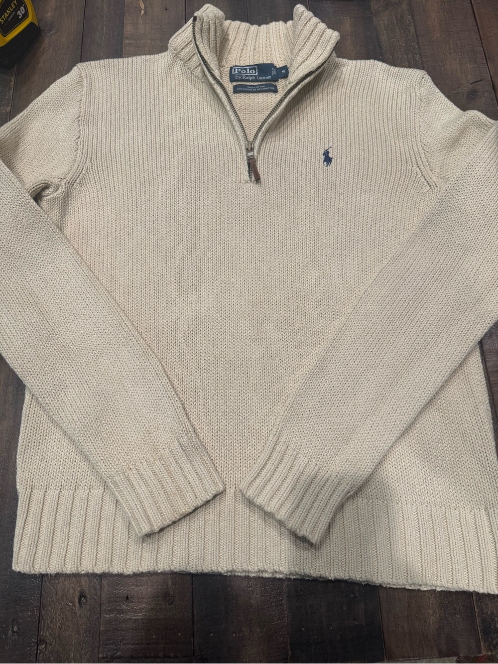 Polo by Ralph Lauren Men’s Cream Zip-Neck Sweater with Navy Pony - Picture 2 of 10